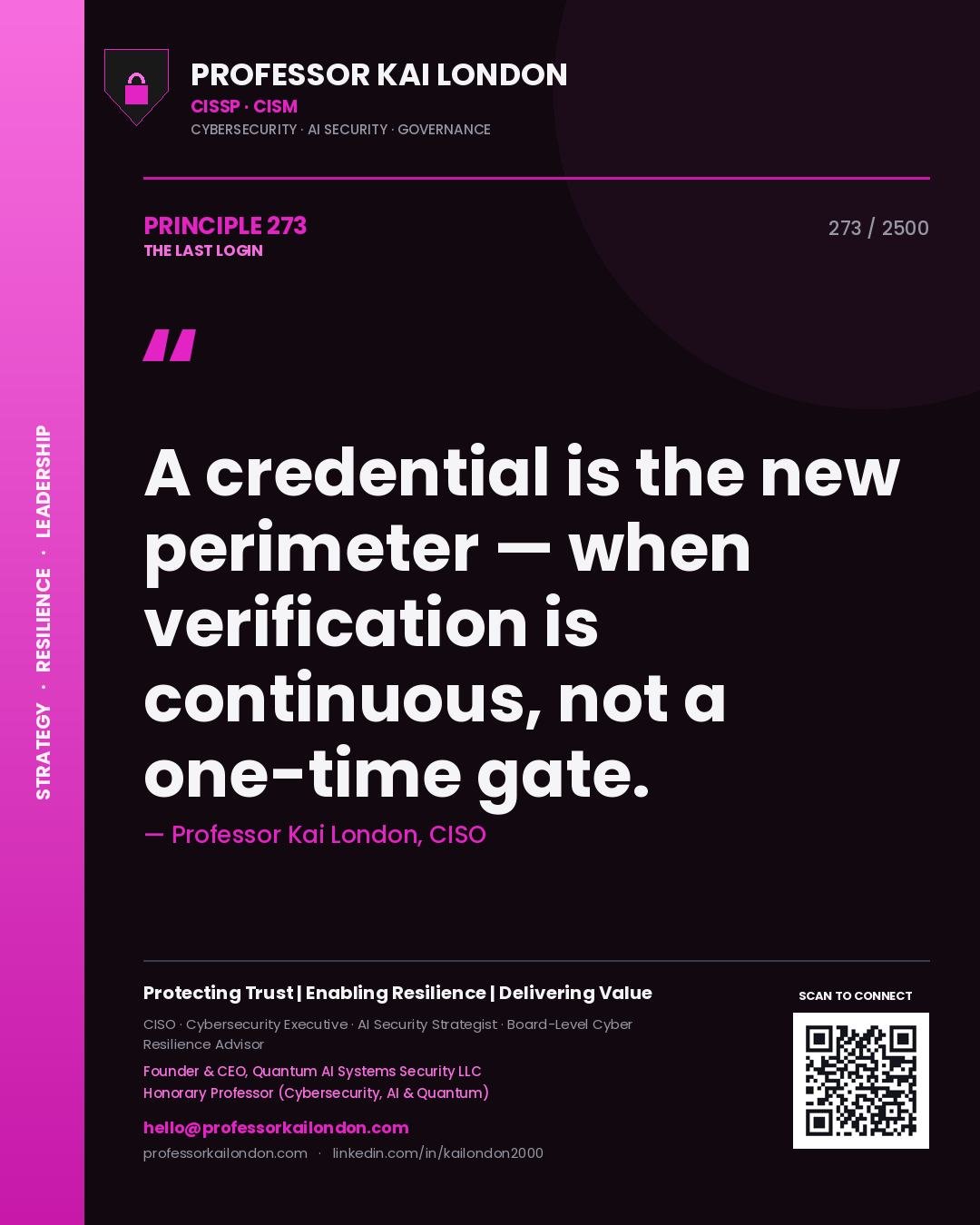 Quote card by Professor Kai London reading 'A credential is the new perimeter — when verification is continuous, not a one-time gate.'. From the book The Last Login.
