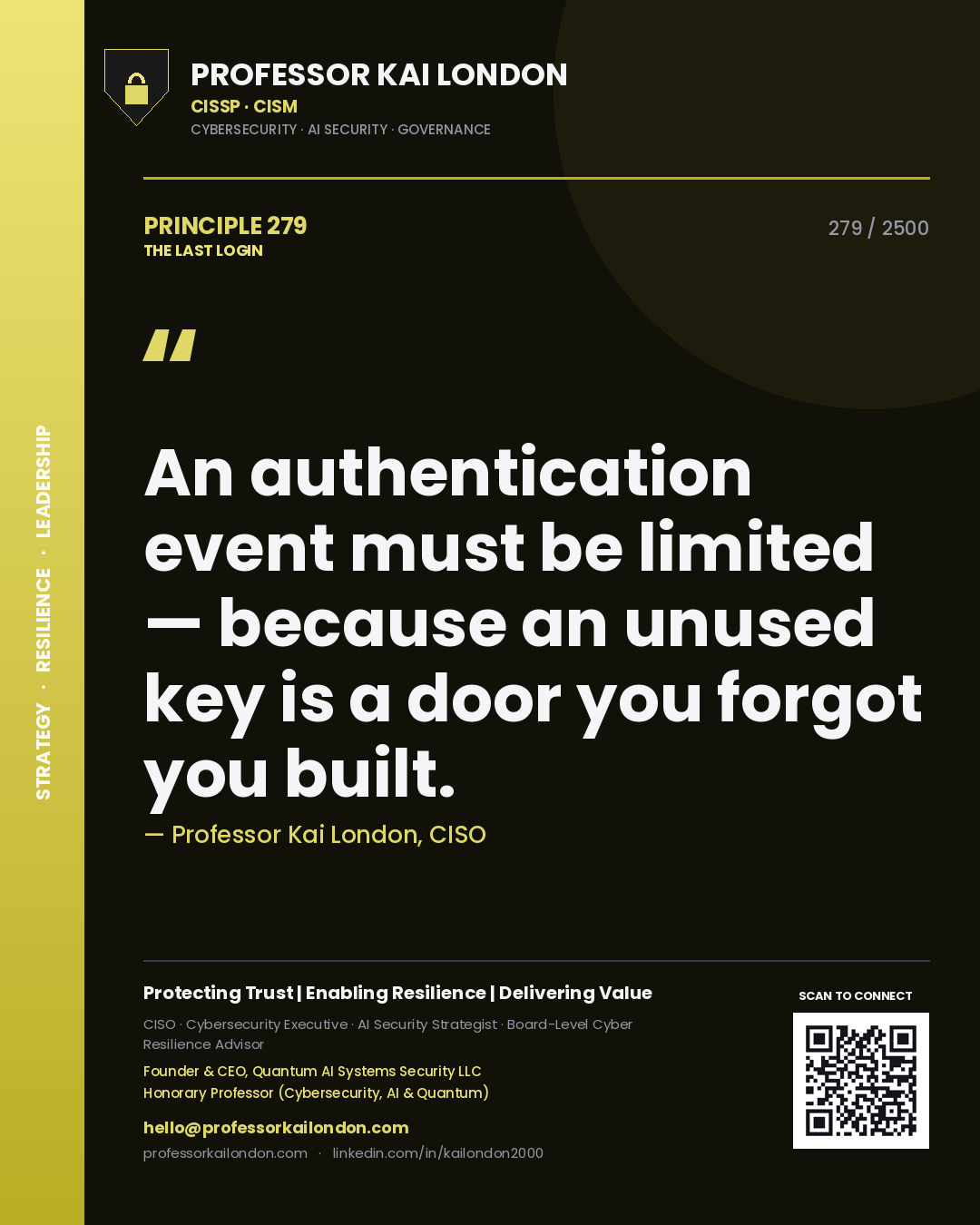 Quote card by Professor Kai London reading 'An authentication event must be limited — because an unused key is a door you forgot you built.'. From the book The Last Login.