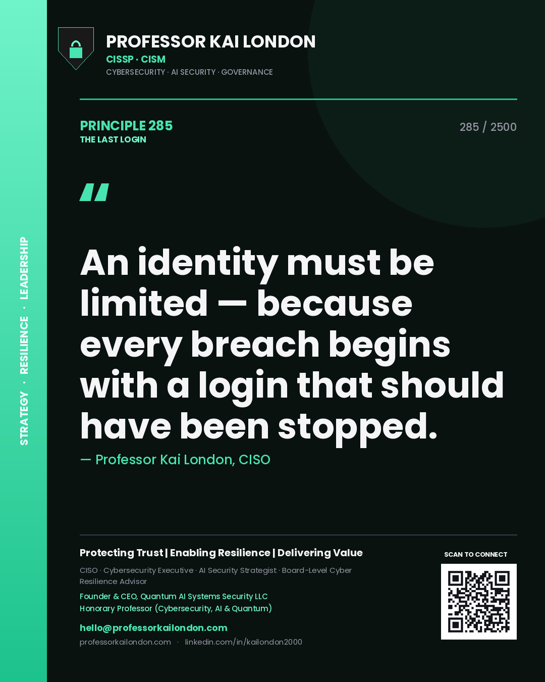 Quote card by Professor Kai London reading 'An identity must be limited — because every breach begins with a login that should have been stopped.'. From the book The Last Login.