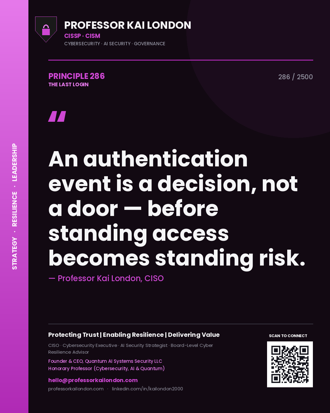Quote card by Professor Kai London reading 'An authentication event is a decision, not a door — before standing access becomes standing risk.'. From the book The Last Login.
