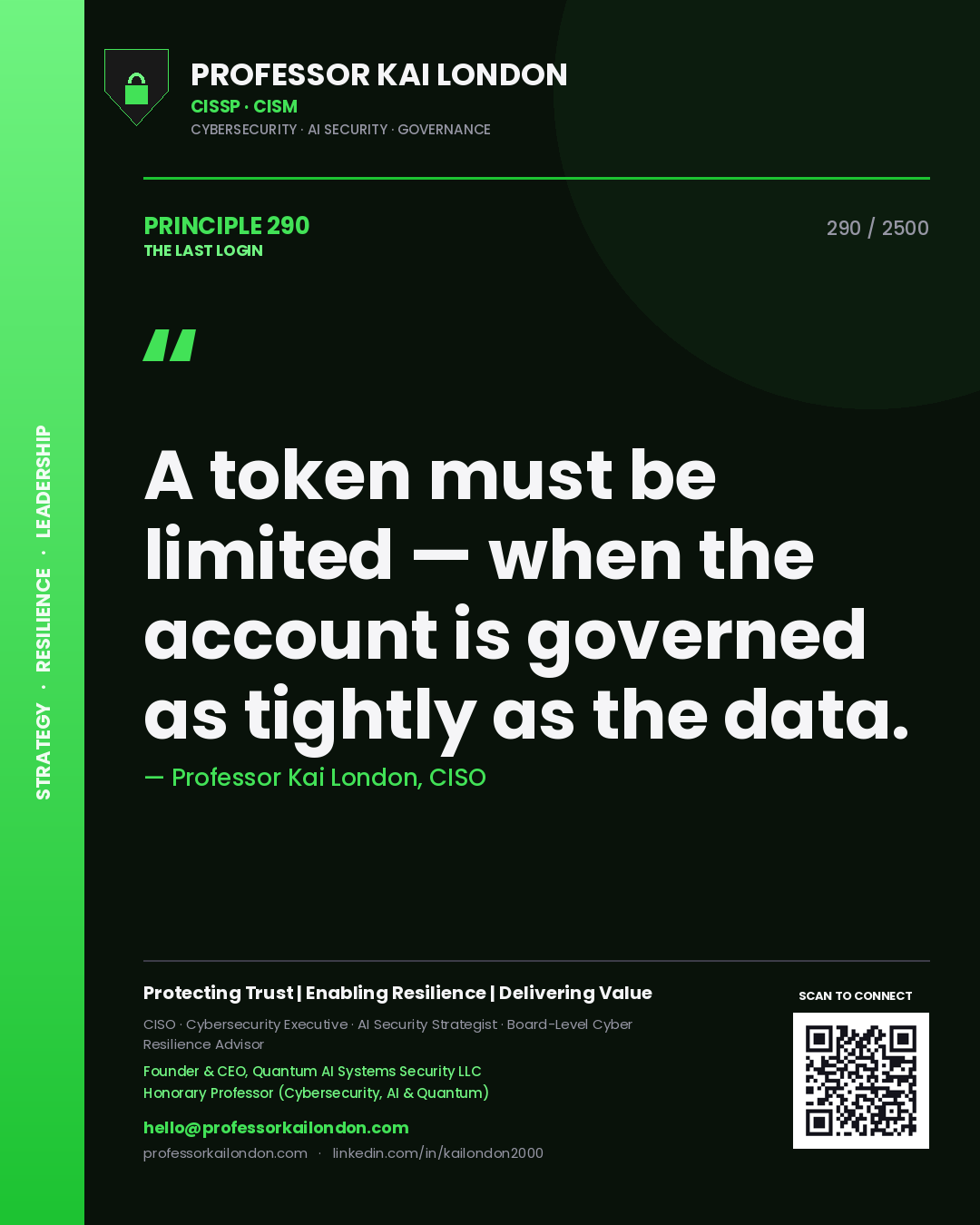 Quote card by Professor Kai London reading 'A token must be limited — when the account is governed as tightly as the data.'. From the book The Last Login.