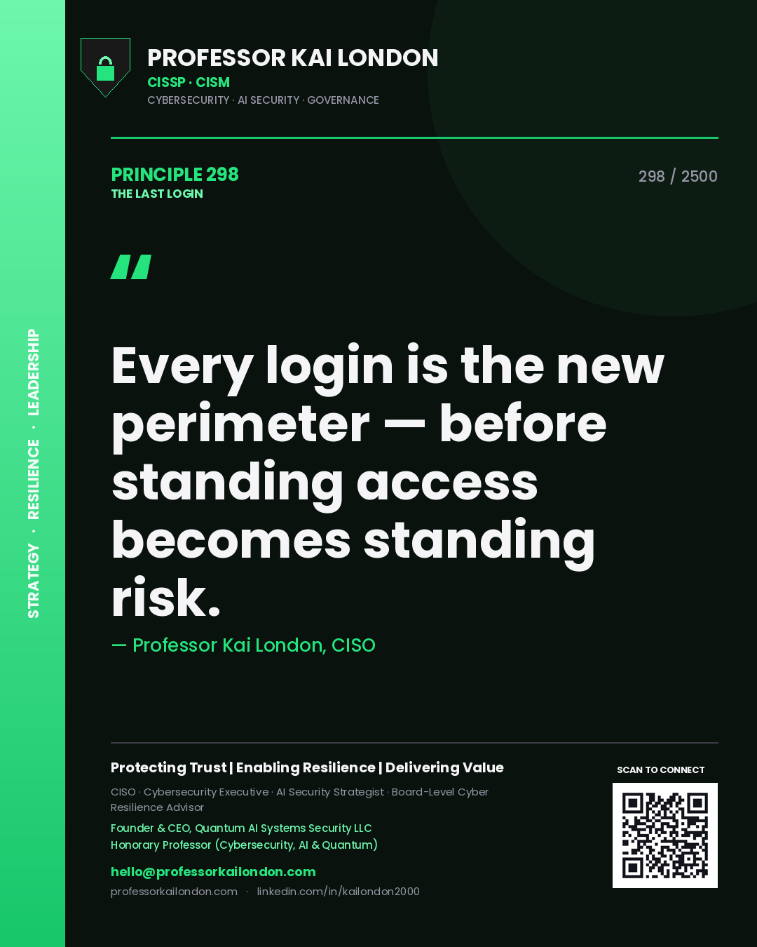 Quote card by Professor Kai London reading 'Every login is the new perimeter — before standing access becomes standing risk.'. From the book The Last Login.