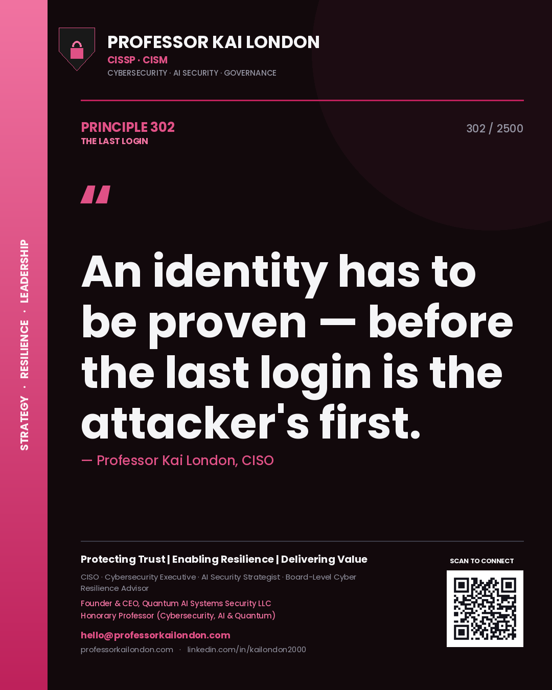 Quote card by Professor Kai London reading 'An identity has to be proven — before the last login is the attacker's first.'. From the book The Last Login.