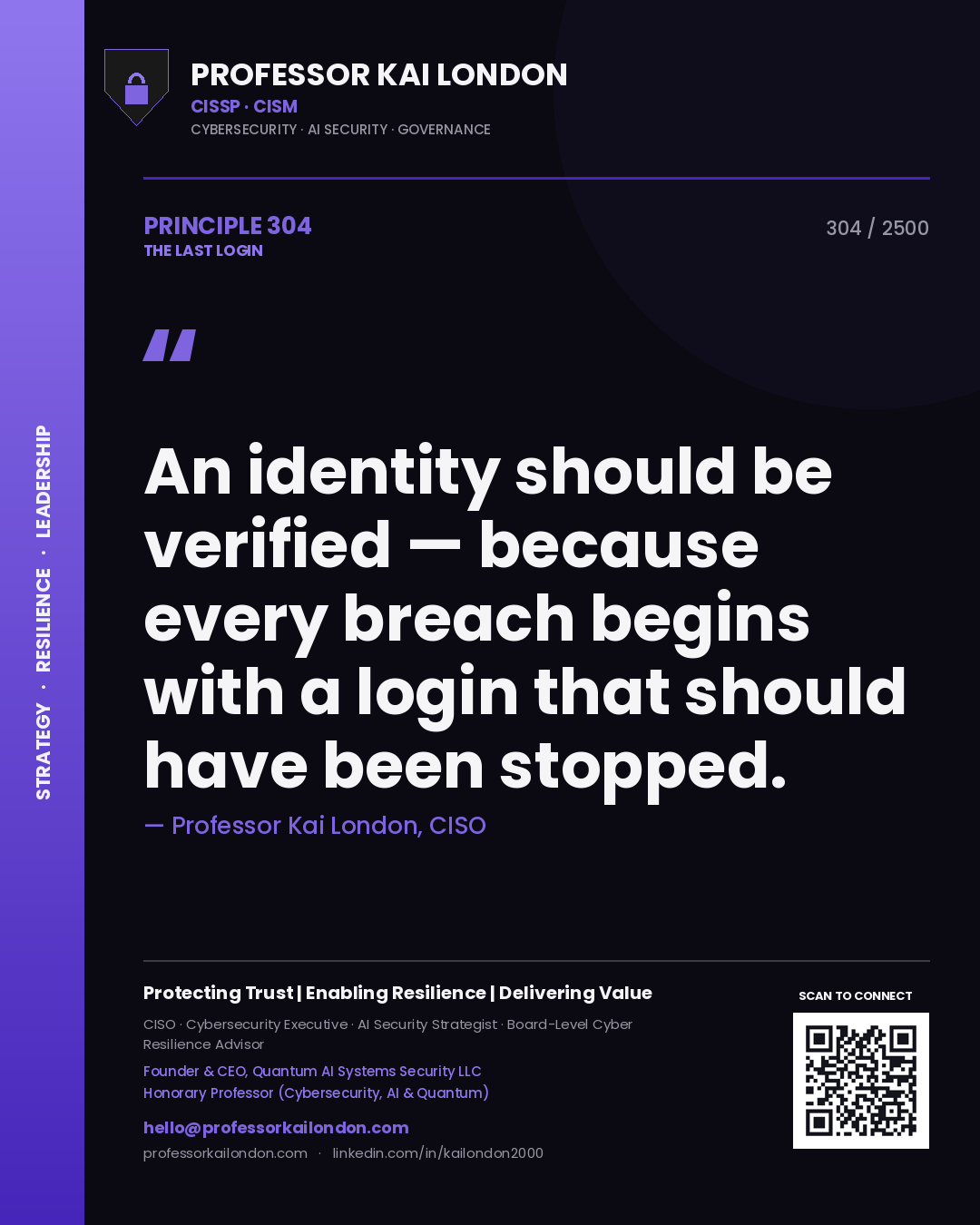 Quote card by Professor Kai London reading 'An identity should be verified — because every breach begins with a login that should have been stopped.'. From the book The Last Login.