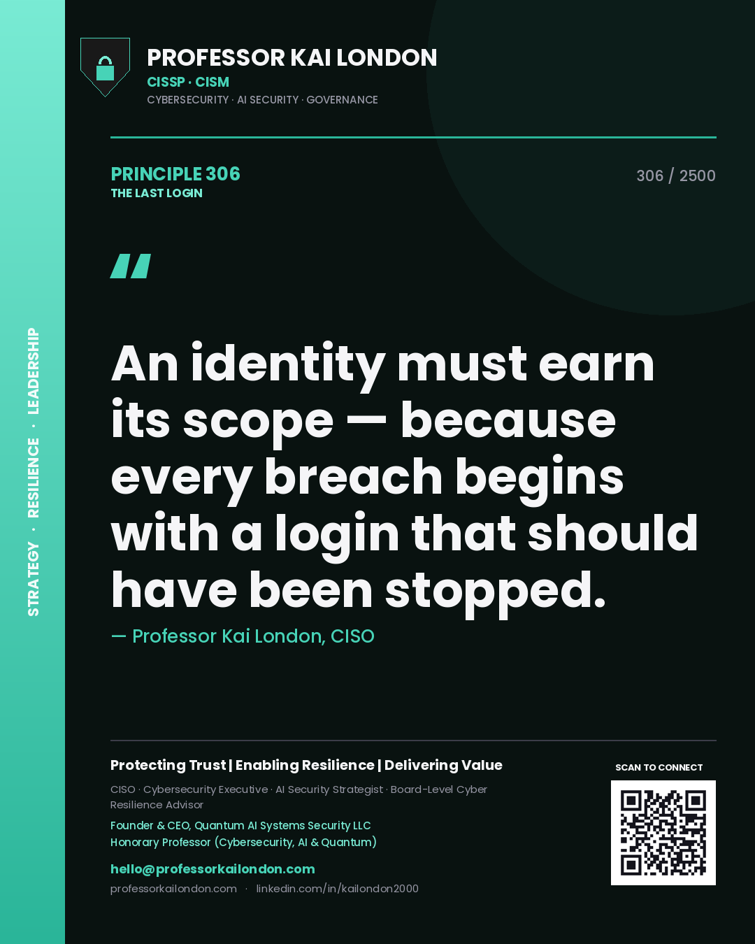 Quote card by Professor Kai London reading 'An identity must earn its scope — because every breach begins with a login that should have been stopped.'. From the book The Last Login.