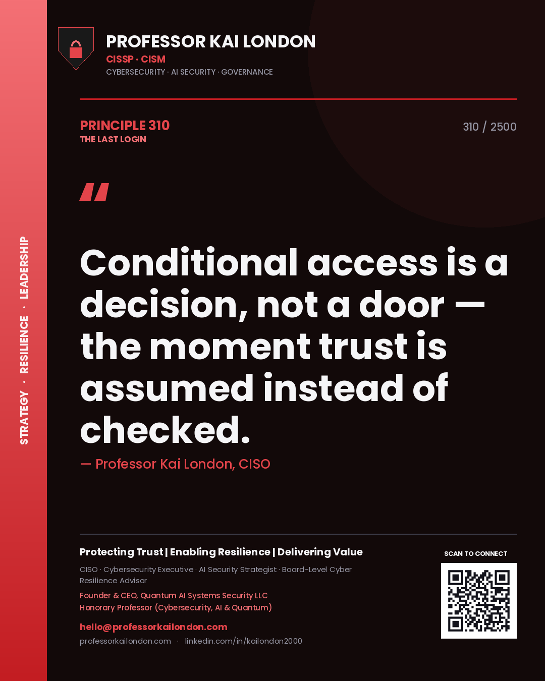 Quote card by Professor Kai London reading 'Conditional access is a decision, not a door — the moment trust is assumed instead of checked.'. From the book The Last Login.
