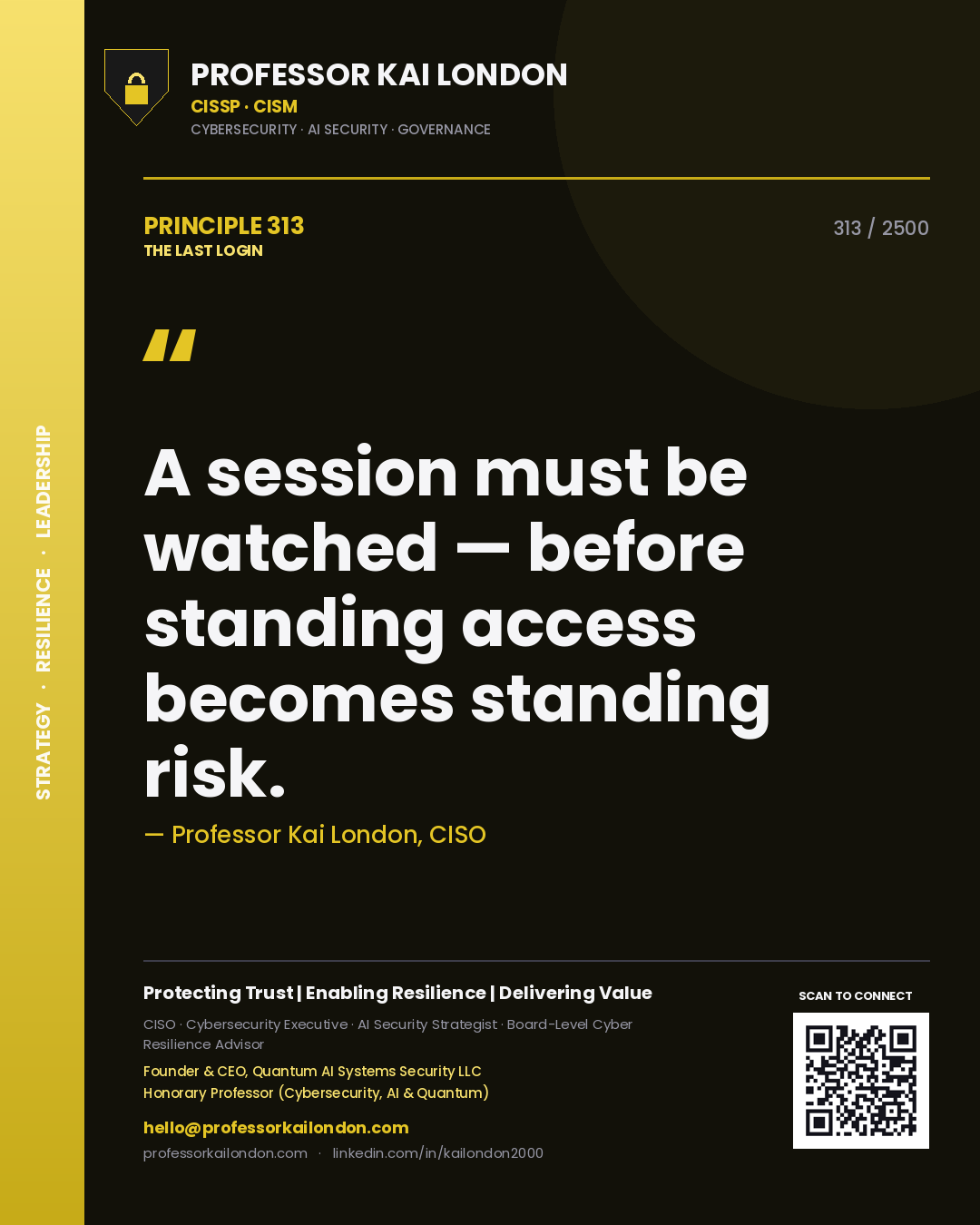Quote card by Professor Kai London reading 'A session must be watched — before standing access becomes standing risk.'. From the book The Last Login.