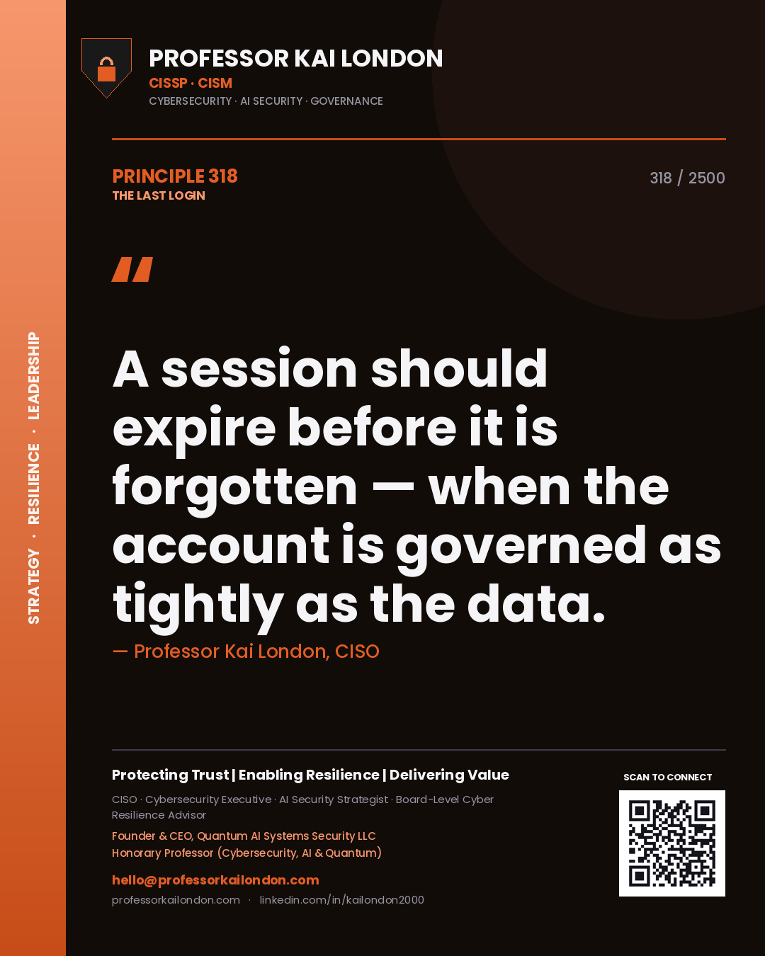 Quote card by Professor Kai London reading 'A session should expire before it is forgotten — when the account is governed as tightly as the data.'. From the book The Last Login.