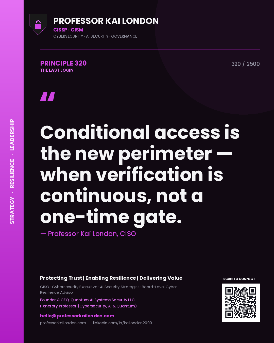 Quote card by Professor Kai London reading 'Conditional access is the new perimeter — when verification is continuous, not a one-time gate.'. From the book The Last Login.
