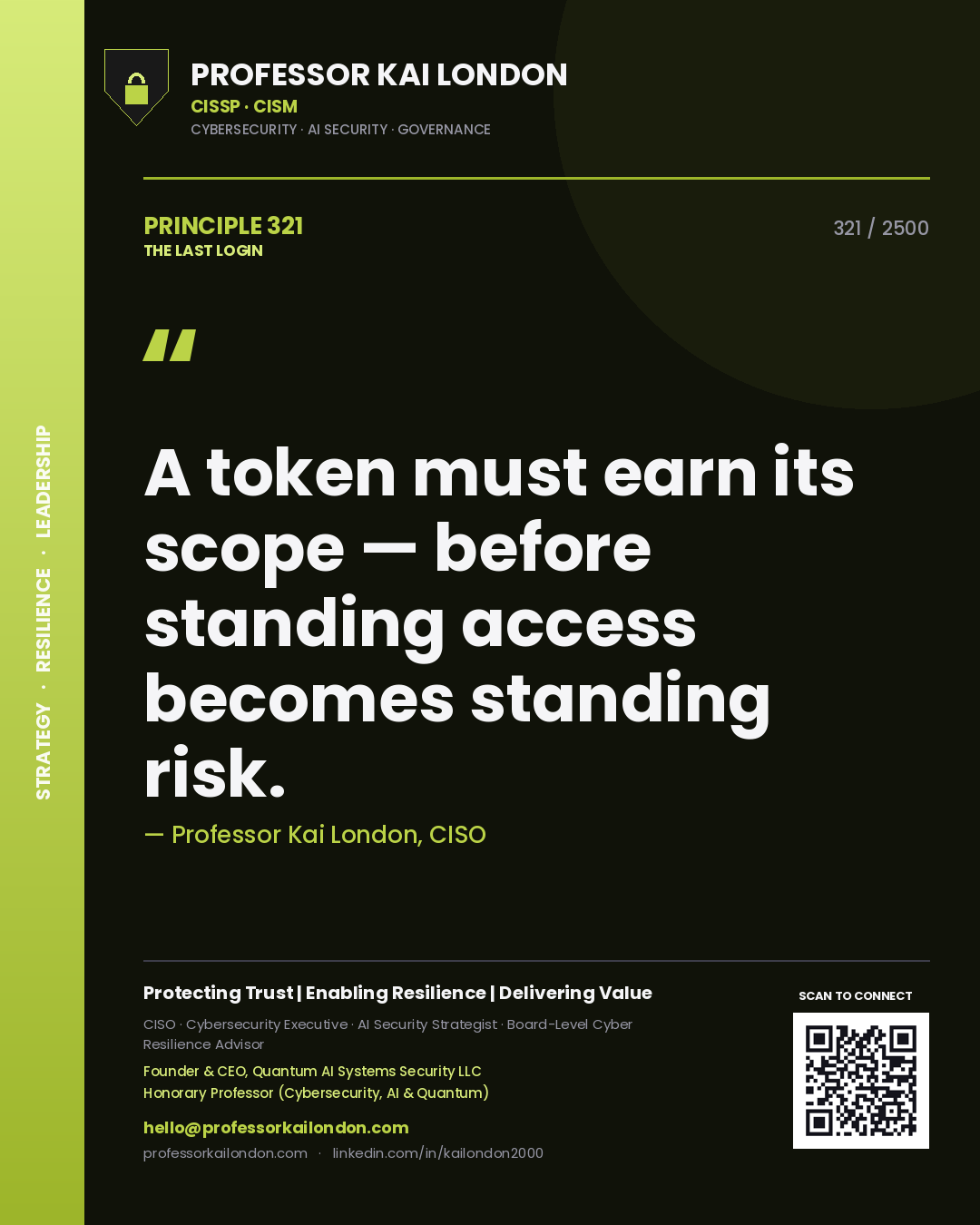 Quote card by Professor Kai London reading 'A token must earn its scope — before standing access becomes standing risk.'. From the book The Last Login.