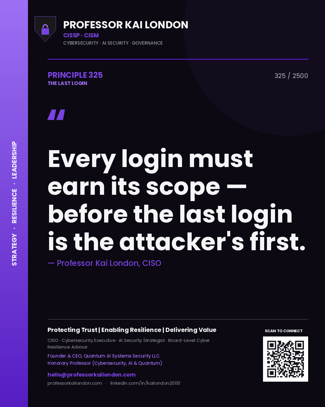 Quote card by Professor Kai London reading 'Every login must earn its scope — before the last login is the attacker's first.'. From the book The Last Login.