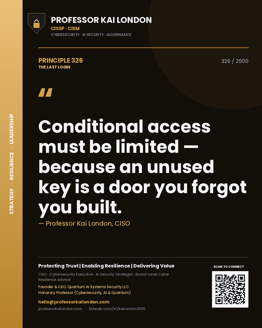 Quote card by Professor Kai London reading 'Conditional access must be limited — because an unused key is a door you forgot you built.'. From the book The Last Login.