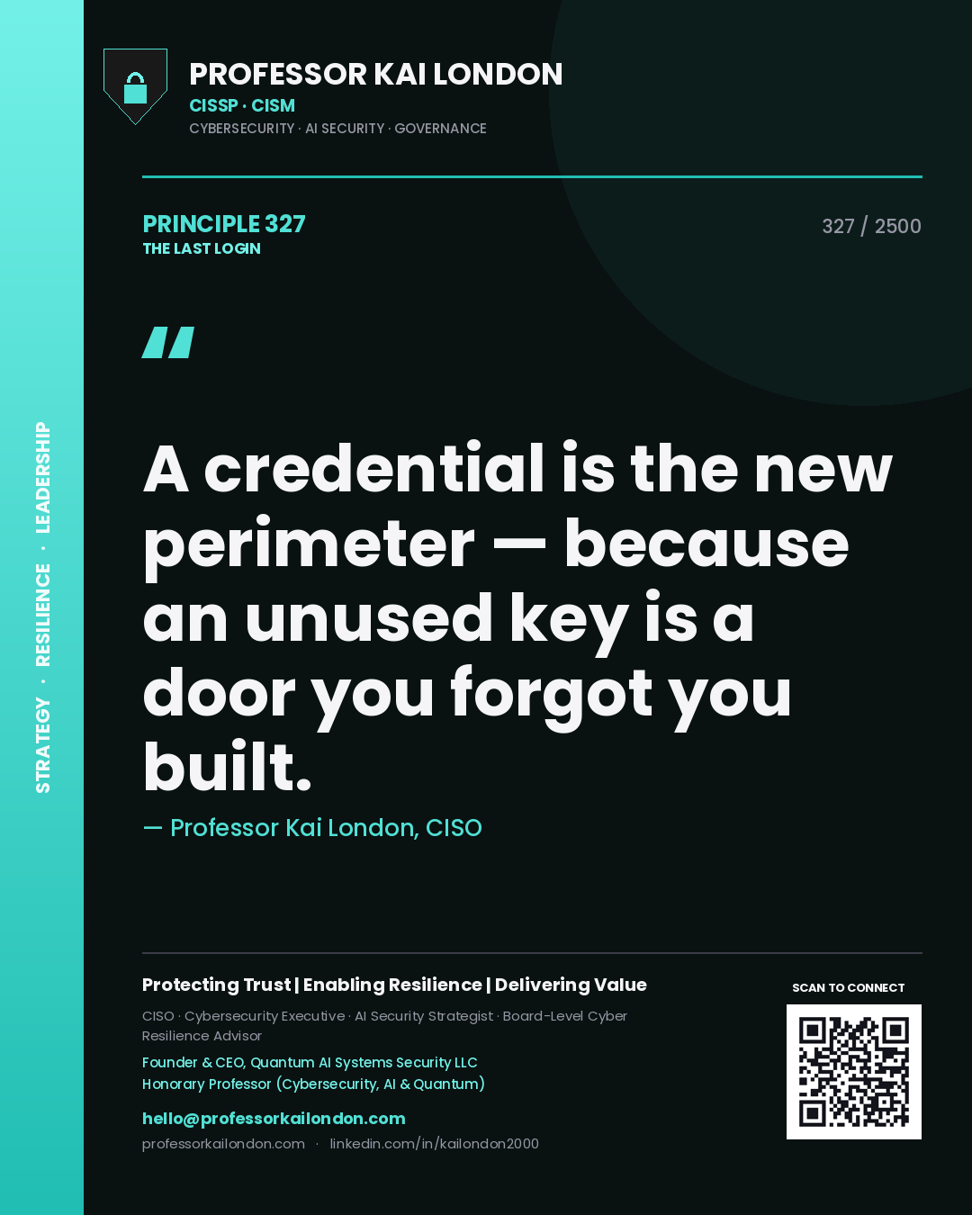 Quote card by Professor Kai London reading 'A credential is the new perimeter — because an unused key is a door you forgot you built.'. From the book The Last Login.