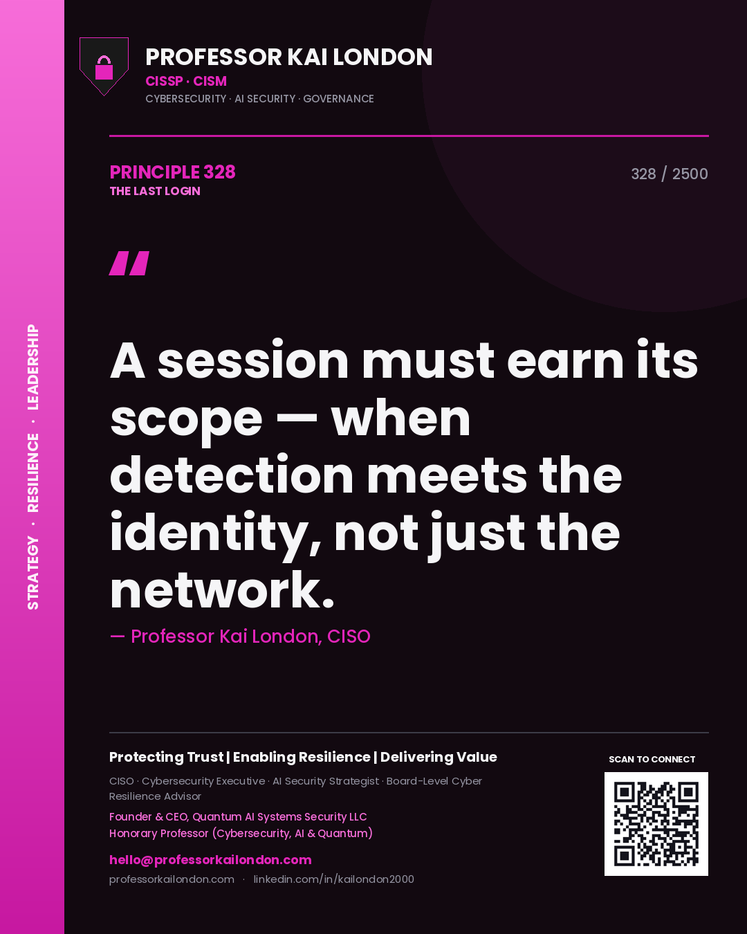 Quote card by Professor Kai London reading 'A session must earn its scope — when detection meets the identity, not just the network.'. From the book The Last Login.