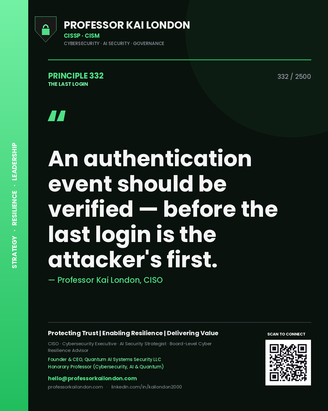 Quote card by Professor Kai London reading 'An authentication event should be verified — before the last login is the attacker's first.'. From the book The Last Login.