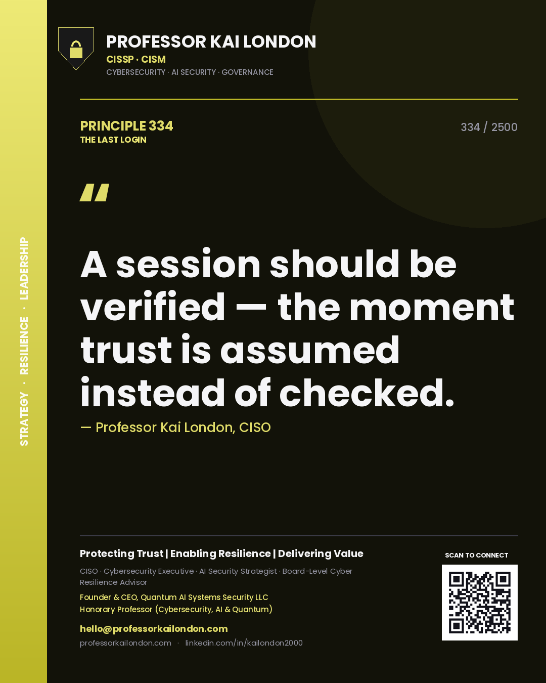 Quote card by Professor Kai London reading 'A session should be verified — the moment trust is assumed instead of checked.'. From the book The Last Login.