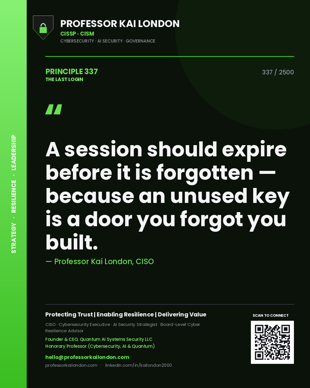 Quote card by Professor Kai London reading 'A session should expire before it is forgotten — because an unused key is a door you forgot you built.'. From the book The Last Login.