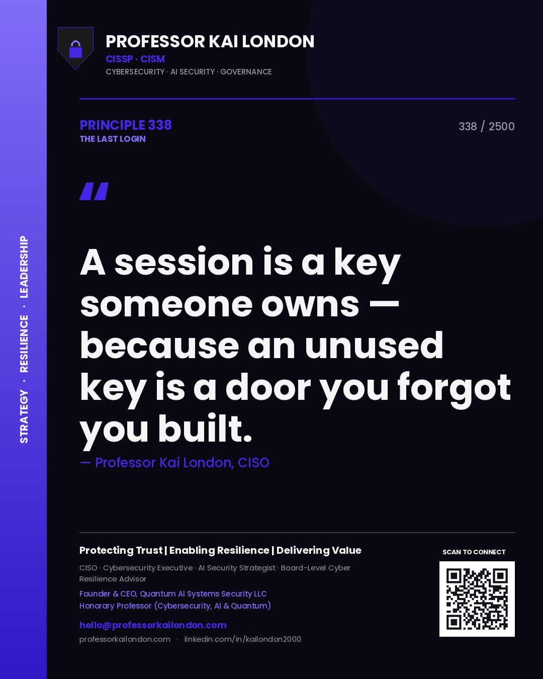 Quote card by Professor Kai London reading 'A session is a key someone owns — because an unused key is a door you forgot you built.'. From the book The Last Login.
