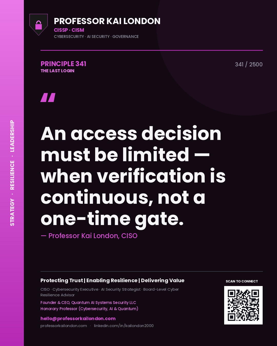 Quote card by Professor Kai London reading 'An access decision must be limited — when verification is continuous, not a one-time gate.'. From the book The Last Login.