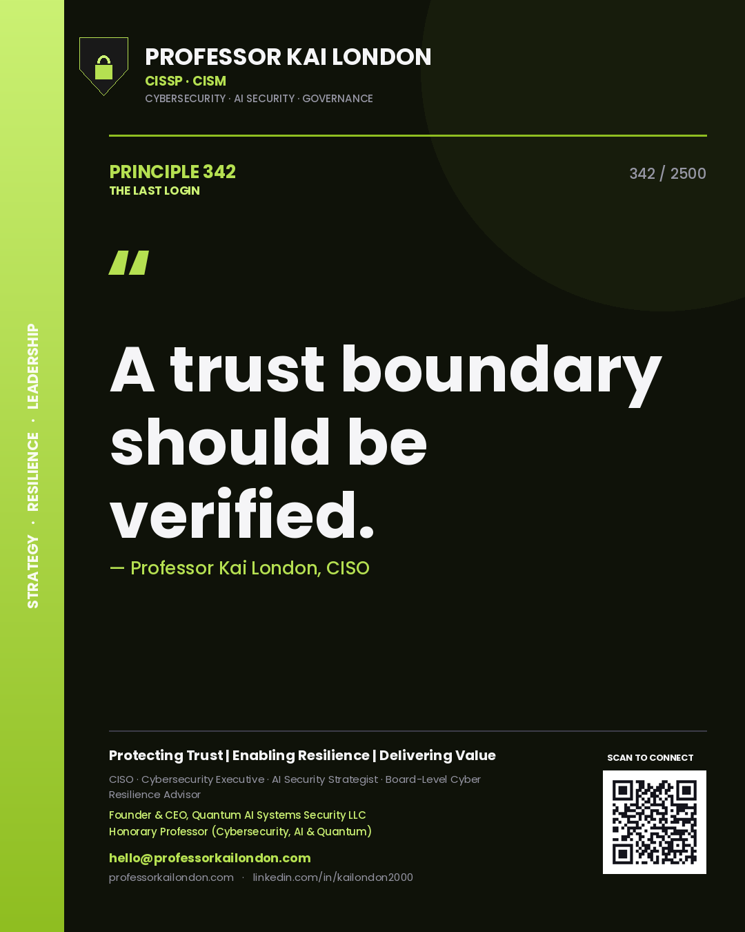 Quote card by Professor Kai London reading 'A trust boundary should be verified.'. From the book The Last Login.