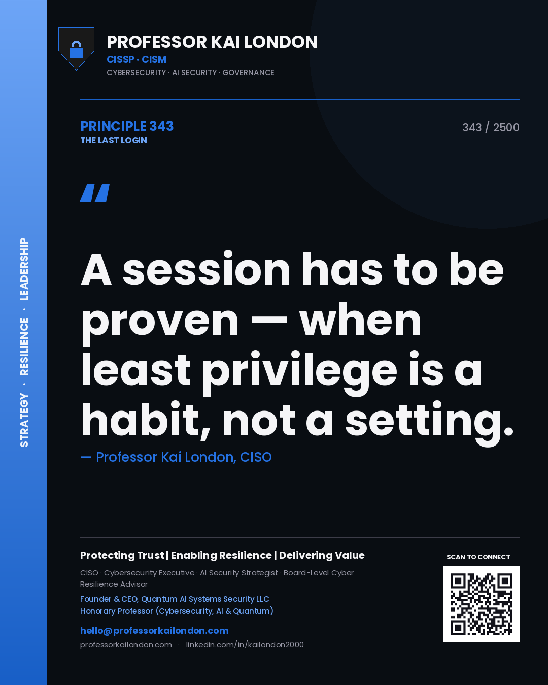 Quote card by Professor Kai London reading 'A session has to be proven — when least privilege is a habit, not a setting.'. From the book The Last Login.
