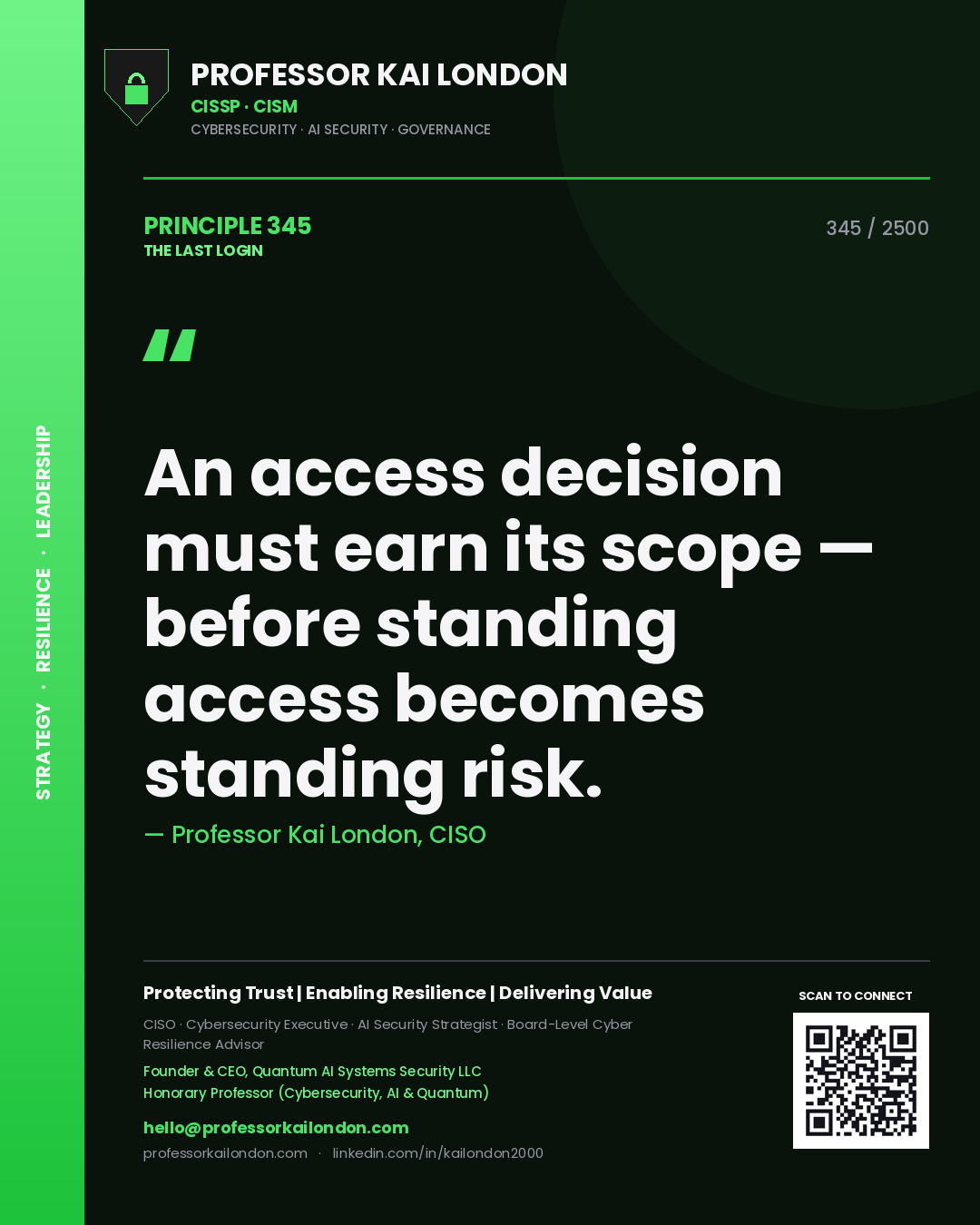 Quote card by Professor Kai London reading 'An access decision must earn its scope — before standing access becomes standing risk.'. From the book The Last Login.