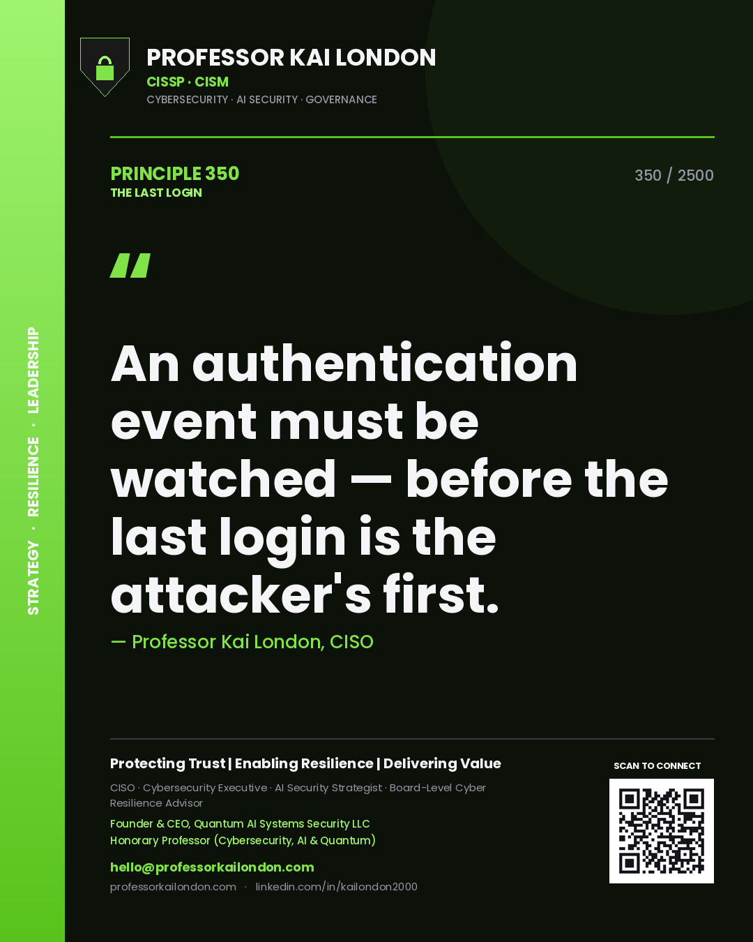 Quote card by Professor Kai London reading 'An authentication event must be watched — before the last login is the attacker's first.'. From the book The Last Login.