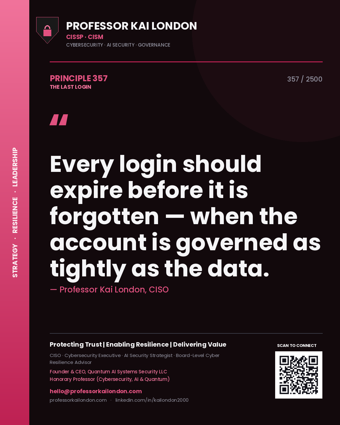Quote card by Professor Kai London reading 'Every login should expire before it is forgotten — when the account is governed as tightly as the data.'. From the book The Last Login.