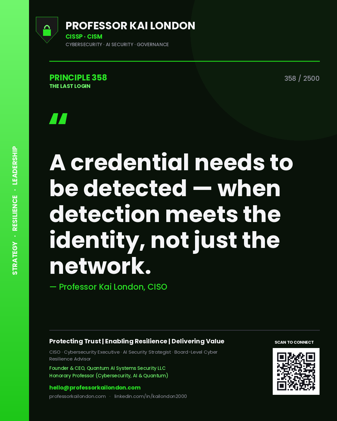 Quote card by Professor Kai London reading 'A credential needs to be detected — when detection meets the identity, not just the network.'. From the book The Last Login.