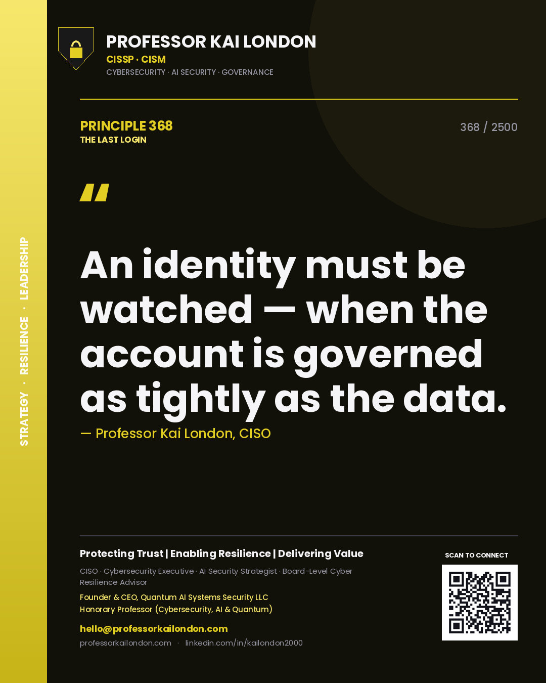 Quote card by Professor Kai London reading 'An identity must be watched — when the account is governed as tightly as the data.'. From the book The Last Login.