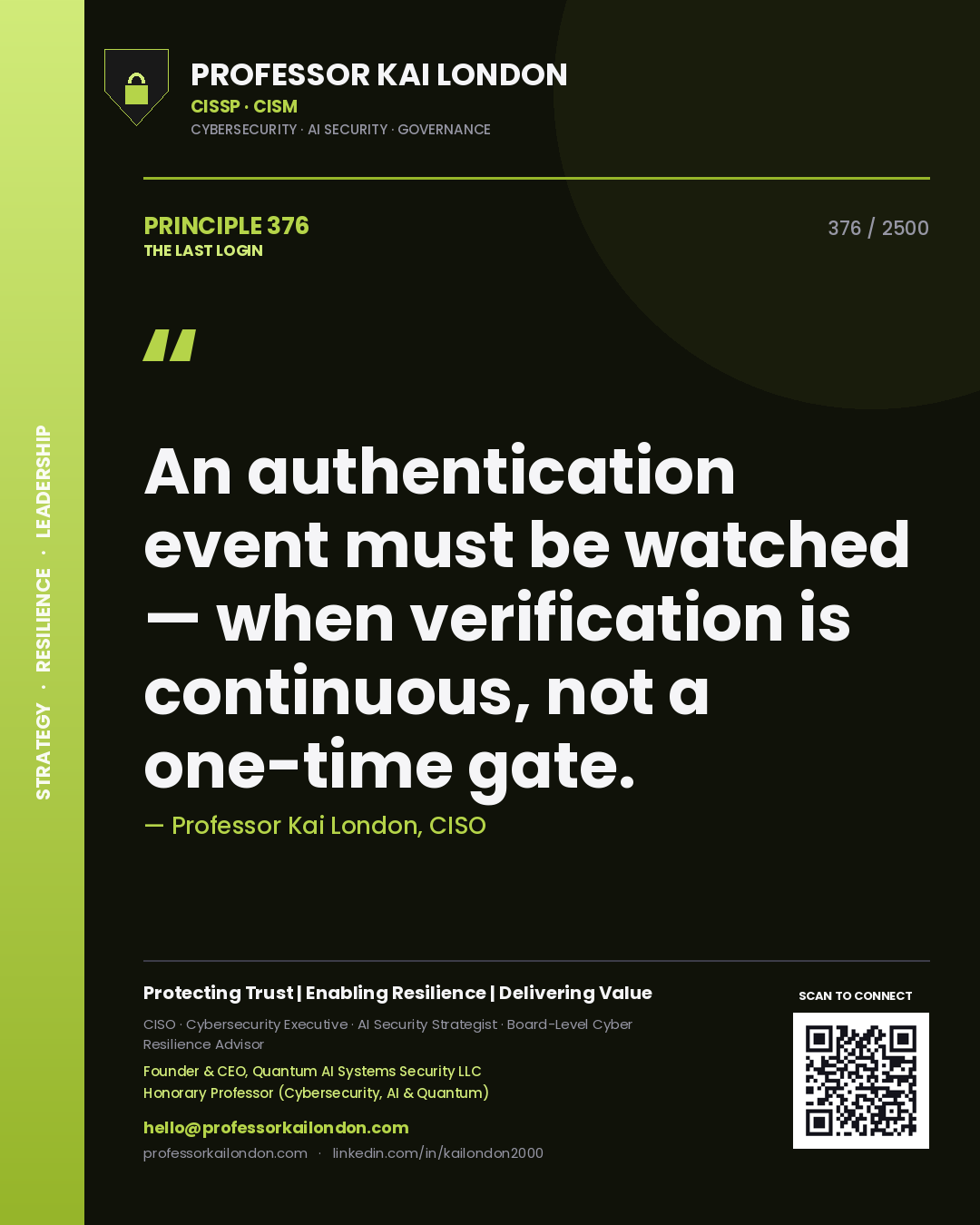 Quote card by Professor Kai London reading 'An authentication event must be watched — when verification is continuous, not a one-time gate.'. From the book The Last Login.