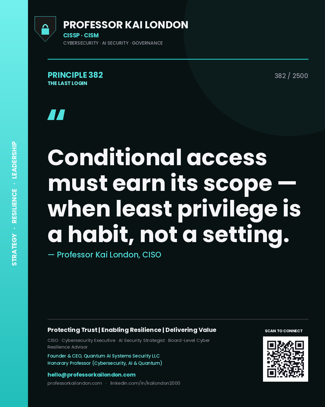 Quote card by Professor Kai London reading 'Conditional access must earn its scope — when least privilege is a habit, not a setting.'. From the book The Last Login.