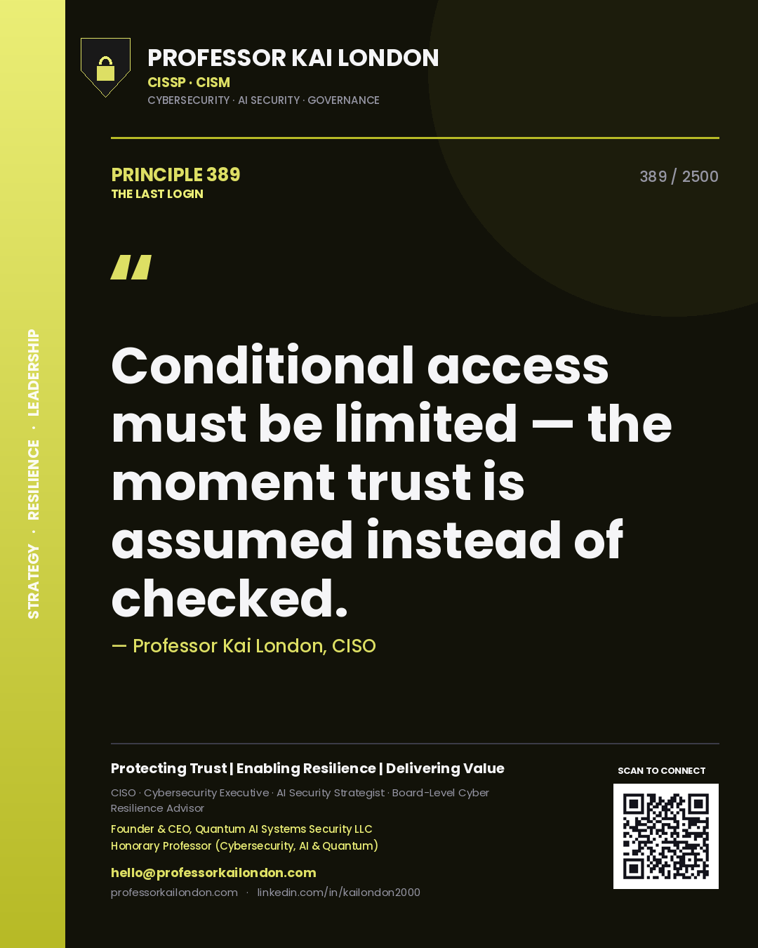 Quote card by Professor Kai London reading 'Conditional access must be limited — the moment trust is assumed instead of checked.'. From the book The Last Login.