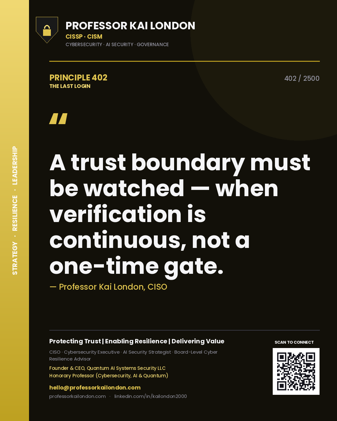 Quote card by Professor Kai London reading 'A trust boundary must be watched — when verification is continuous, not a one-time gate.'. From the book The Last Login.