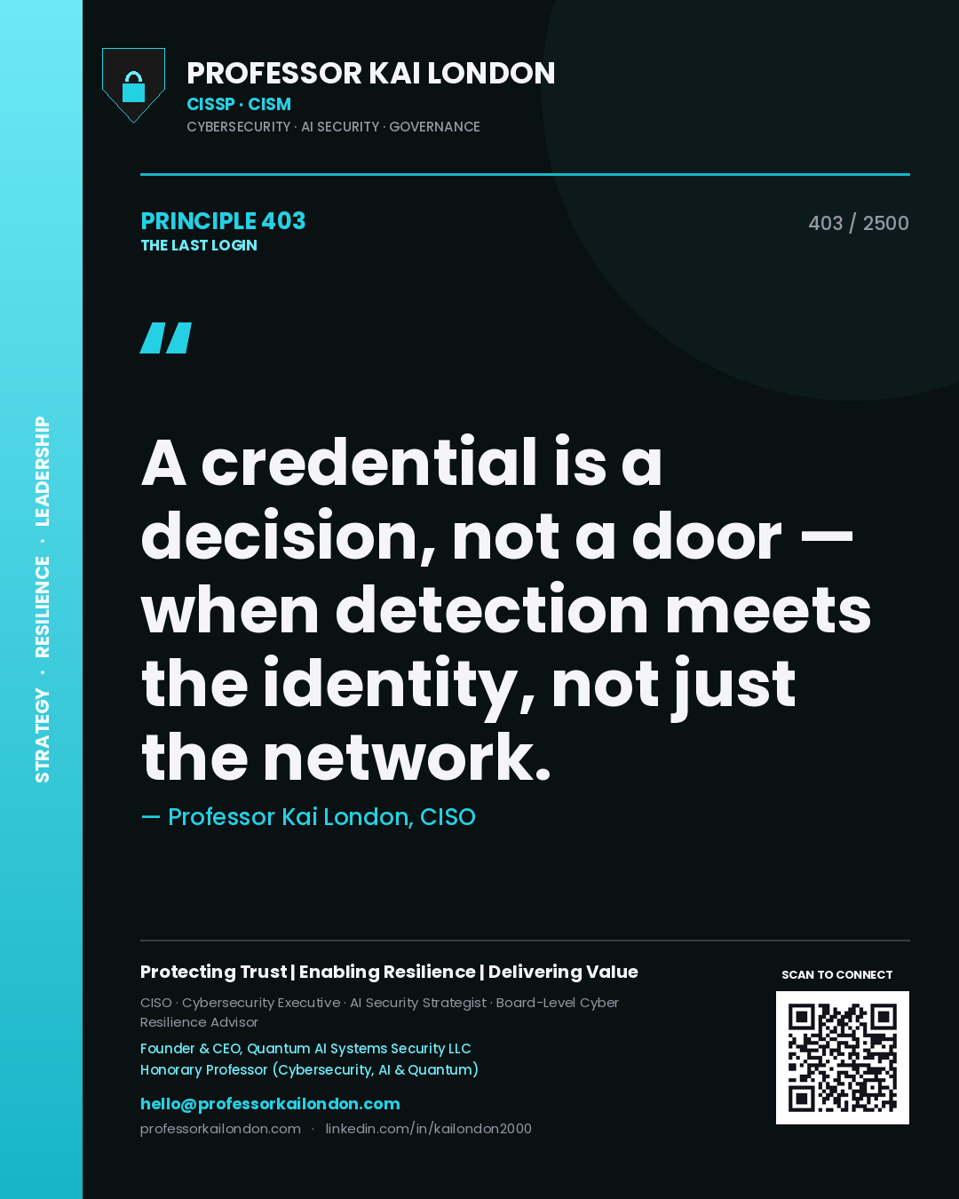 Professor Kai London principle 403: A credential is a decision, not a door — when detection meets the identity, not just the network.