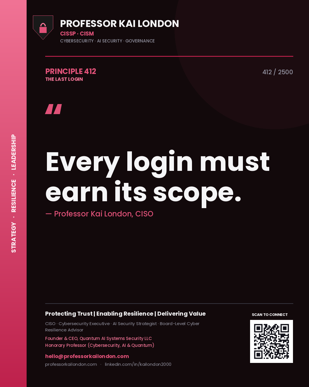Quote card by Professor Kai London reading 'Every login must earn its scope.'. From the book The Last Login.