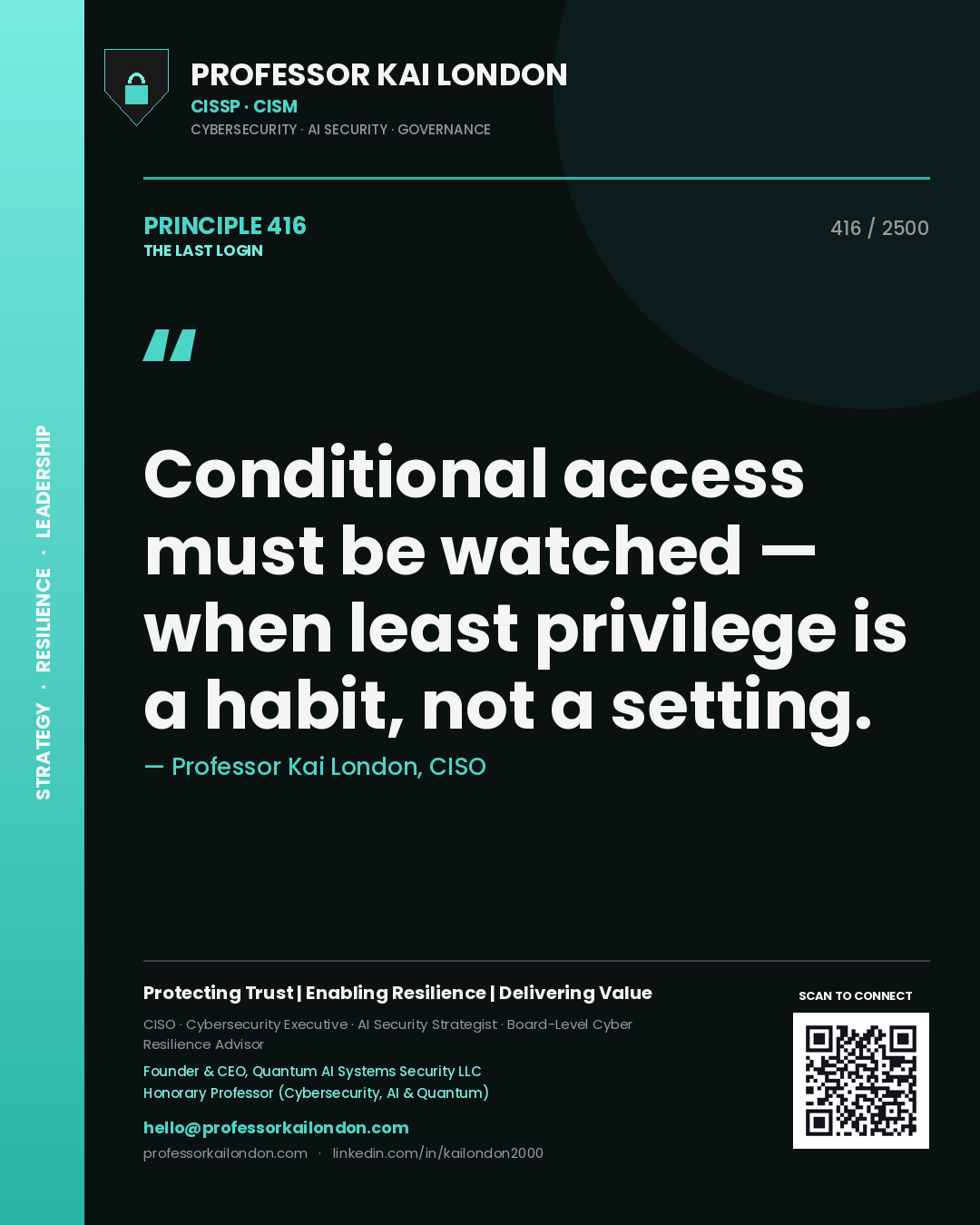 Quote card by Professor Kai London reading 'Conditional access must be watched — when least privilege is a habit, not a setting.'. From the book The Last Login.