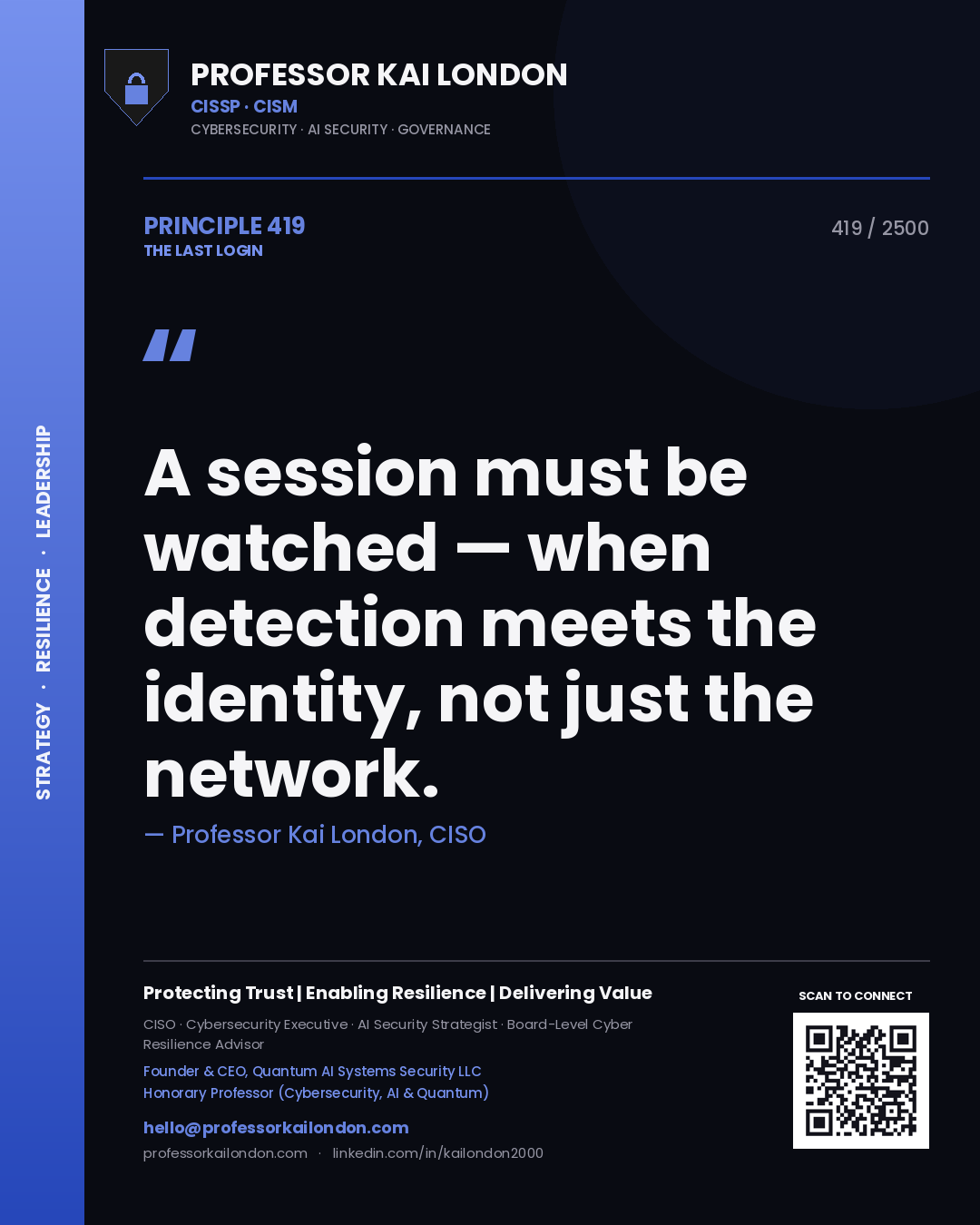 Professor Kai London principle 419: A session must be watched — when detection meets the identity, not just the network.