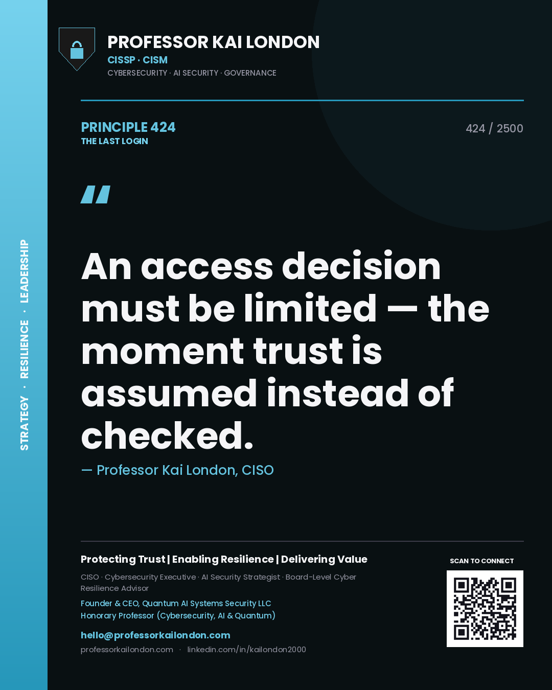 Professor Kai London principle 424: An access decision must be limited — the moment trust is assumed instead of checked.