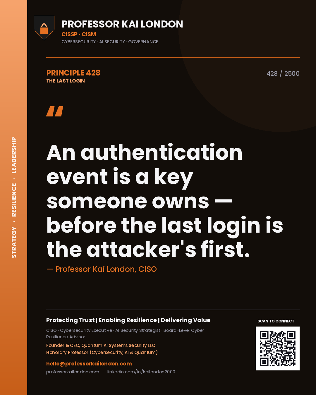 Professor Kai London principle 428: An authentication event is a key someone owns — before the last login is the attacker's first.