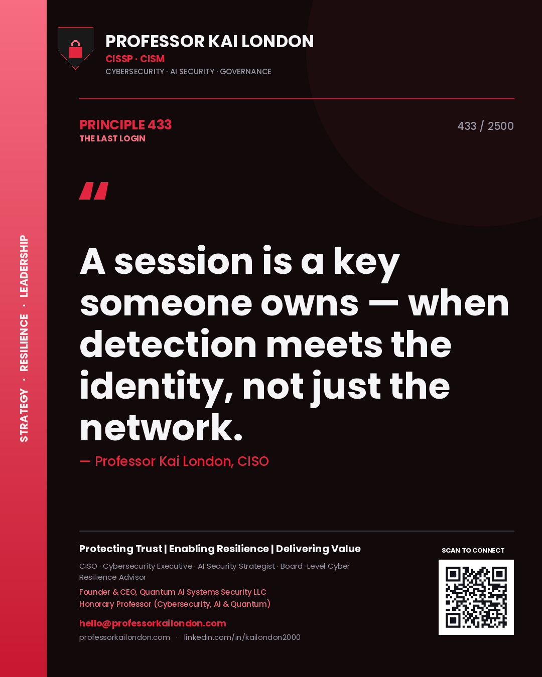 Quote card by Professor Kai London reading 'A session is a key someone owns — when detection meets the identity, not just the network.'. From the book The Last Login.