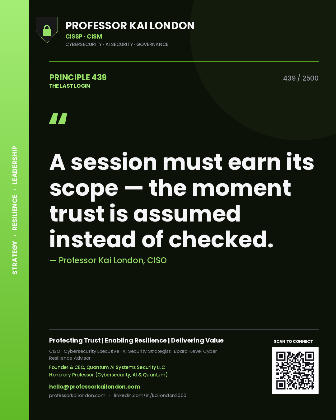 Professor Kai London principle 439: A session must earn its scope — the moment trust is assumed instead of checked.