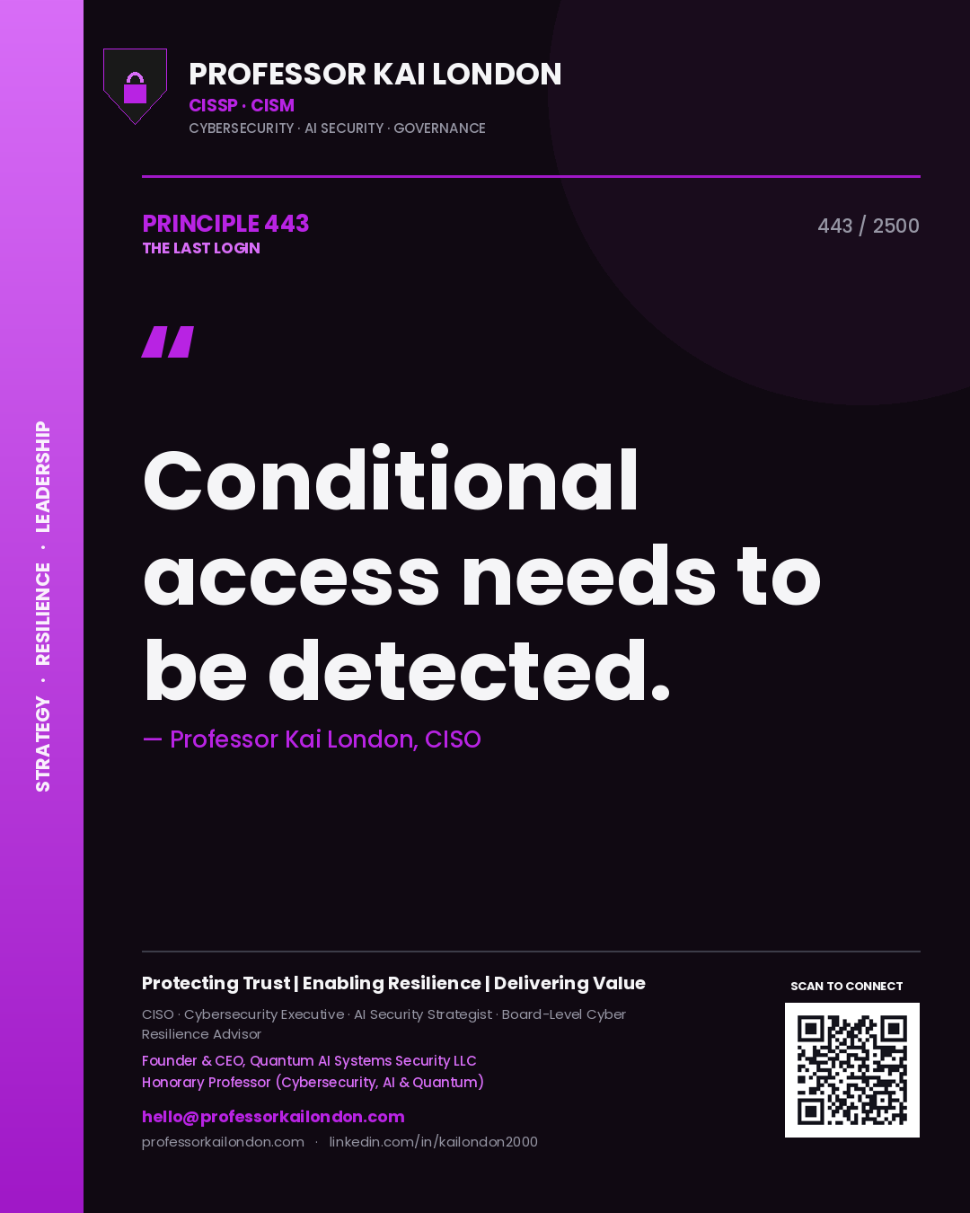 Quote card by Professor Kai London reading 'Conditional access needs to be detected.'. From the book The Last Login.