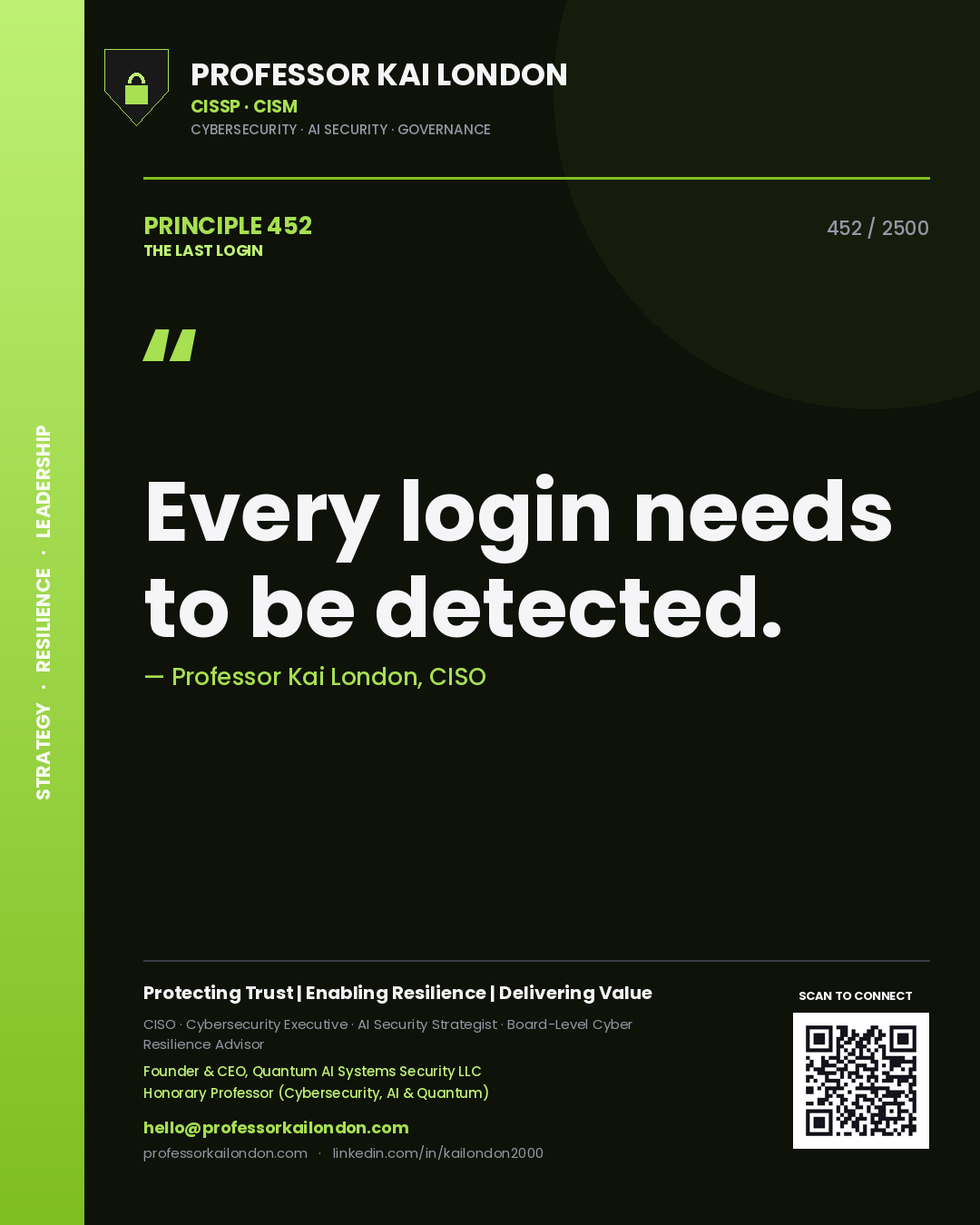 Quote card by Professor Kai London reading 'Every login needs to be detected.'. From the book The Last Login.