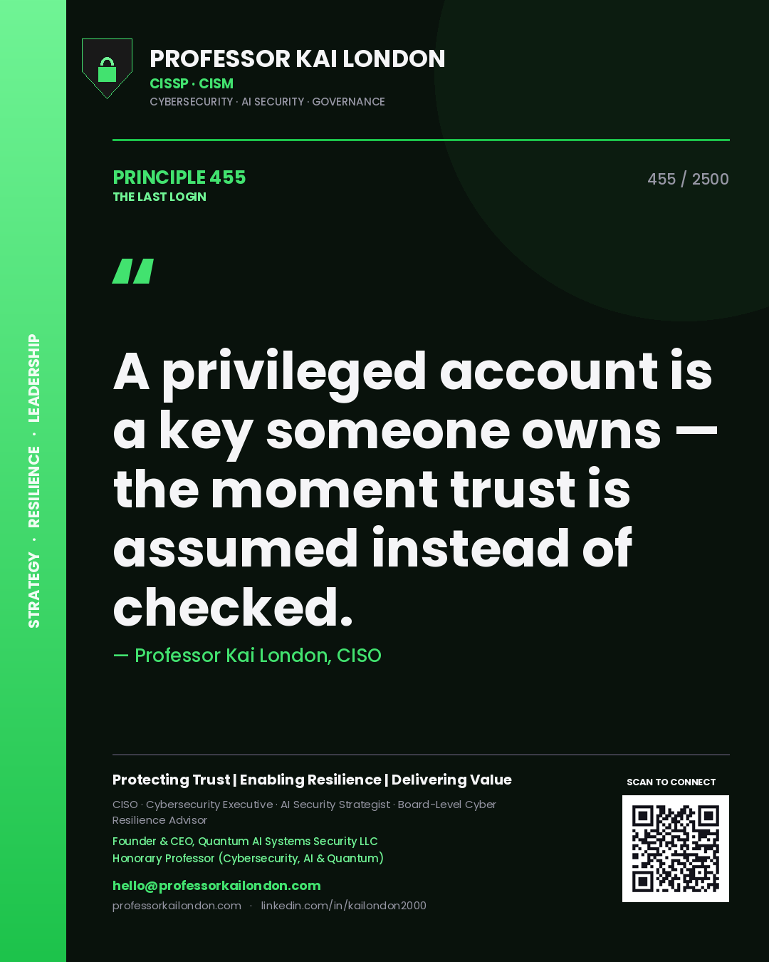 Professor Kai London principle 455: A privileged account is a key someone owns — the moment trust is assumed instead of checked.