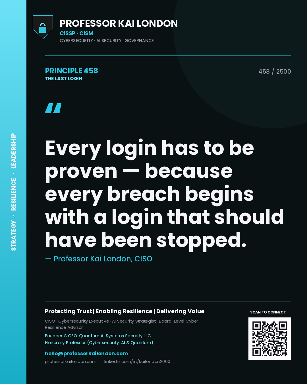 Quote card by Professor Kai London reading 'Every login has to be proven — because every breach begins with a login that should have been stopped.'. From the book The Last Login.