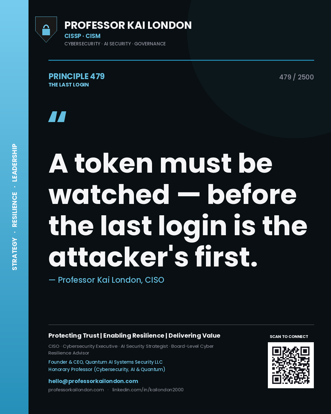 Professor Kai London principle 479: A token must be watched — before the last login is the attacker's first.