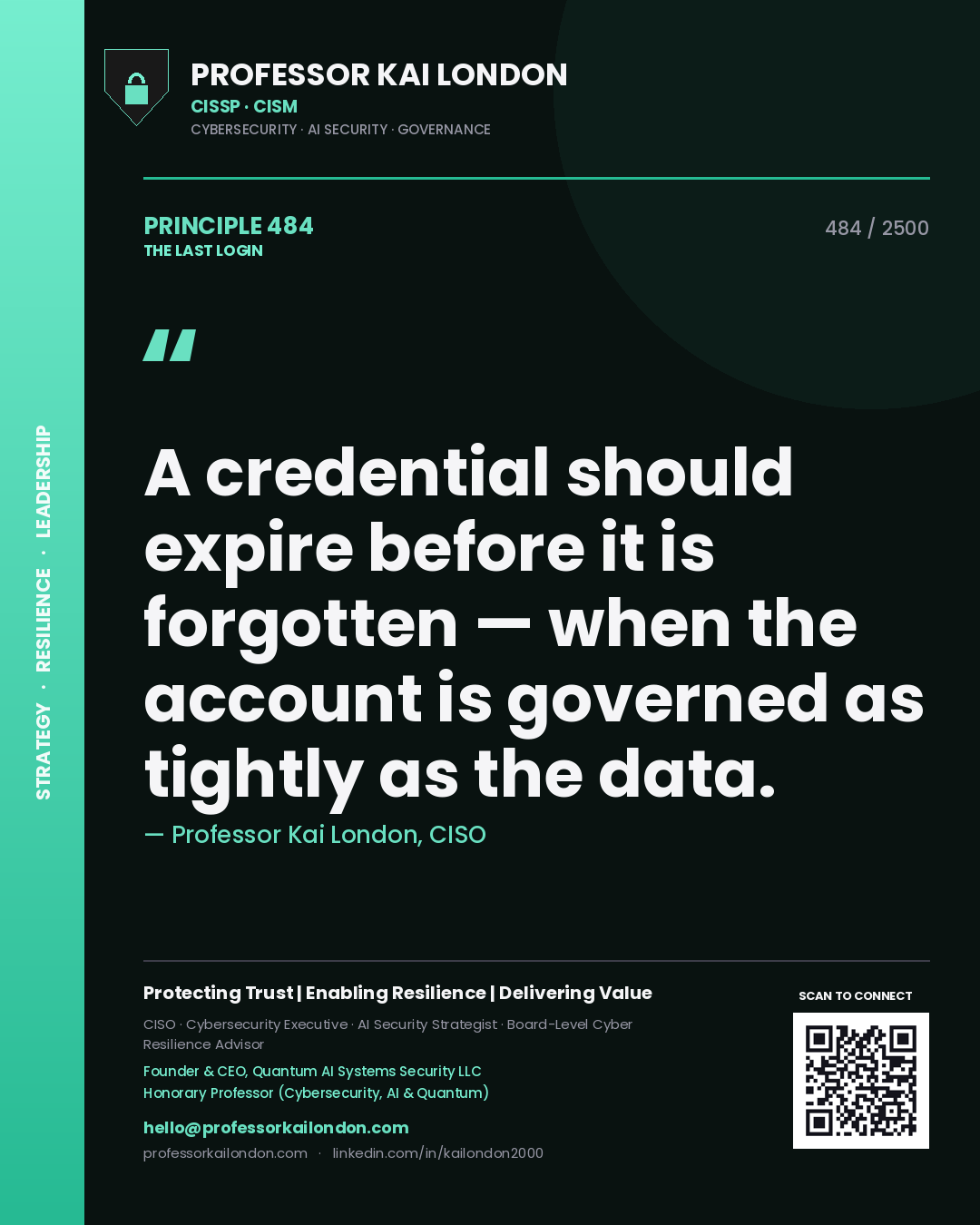 Professor Kai London principle 484: A credential should expire before it is forgotten — when the account is governed as tightly as the data.