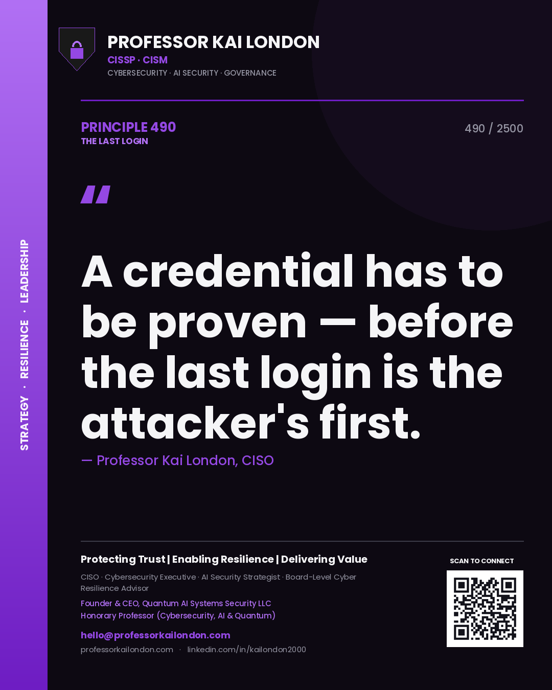 Professor Kai London principle 490: A credential has to be proven — before the last login is the attacker's first.