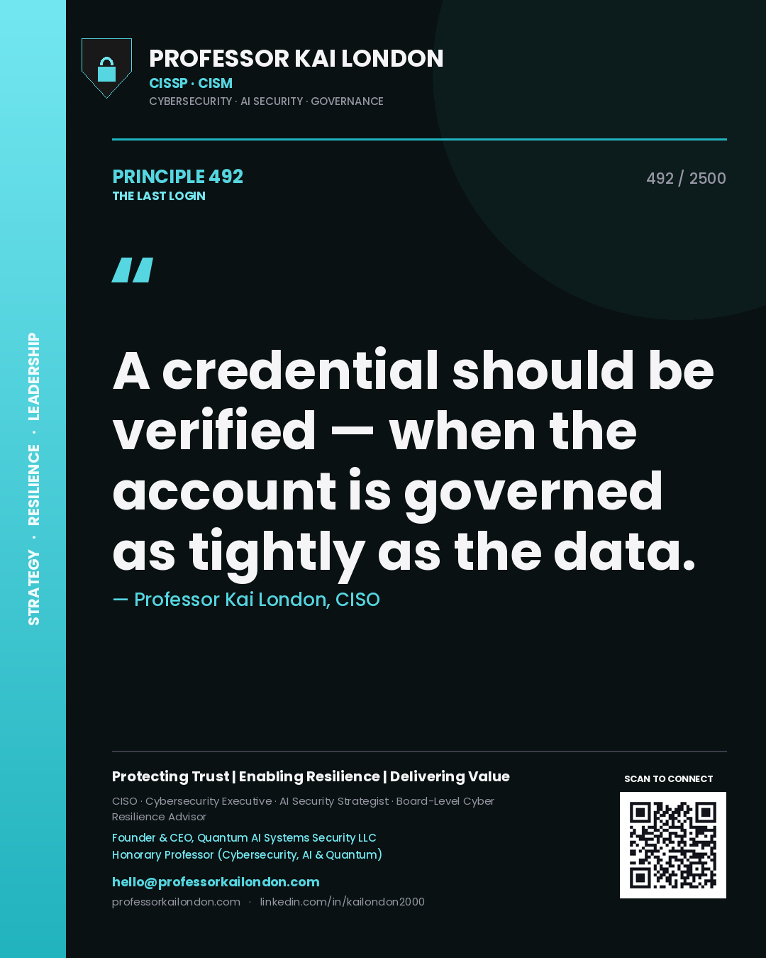 Professor Kai London principle 492: A credential should be verified — when the account is governed as tightly as the data.